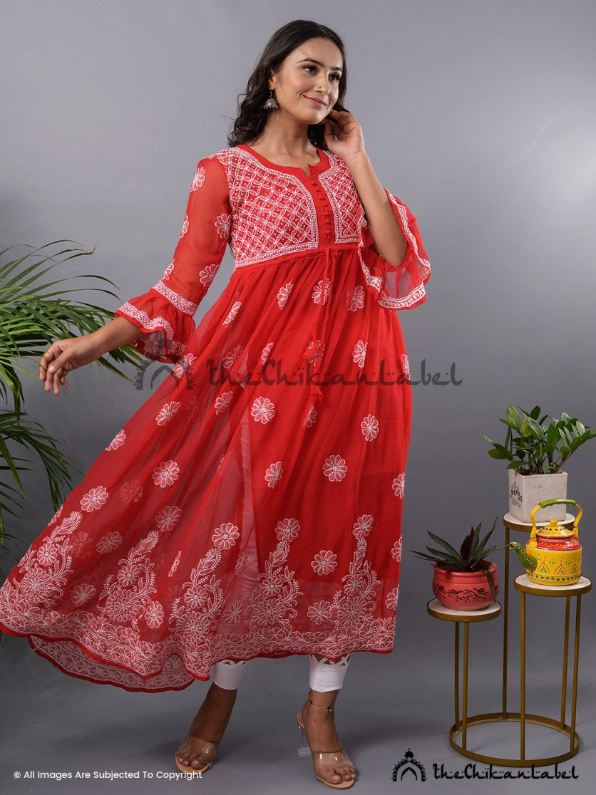 Empress Chikankari - Red Long Cotton kurta with Self Chikankari embroidery  and Crochet Buttons at Neck! Premium Quality cotton kurta with Intricate  Detailing on neck, and a Beautiful border in a really