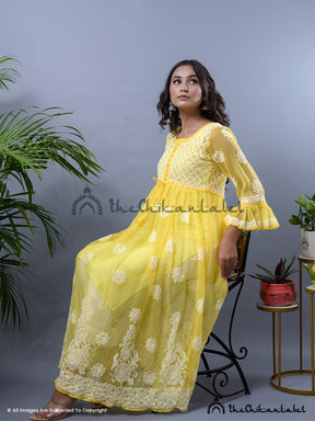 Yellow Georgette ALine Kurti Lucknow Chikankari Kurta