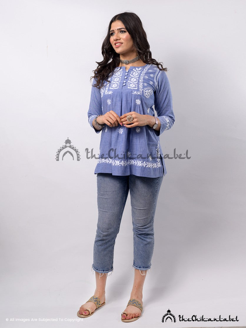 Ekaya Cambric Cotton Krosia Buton Chikankari Tunic Top ,Chikankari Tunic Top  in Cambric Cotton Fabric  For Woman