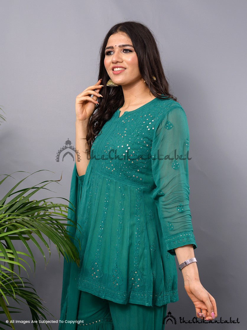 Buy chikankari kurti palazzo dupatta set online at best prices, Shop authentic Lucknow chikankari handmade kurta kurti palazzo dupatta set in viscose fabric for women 4