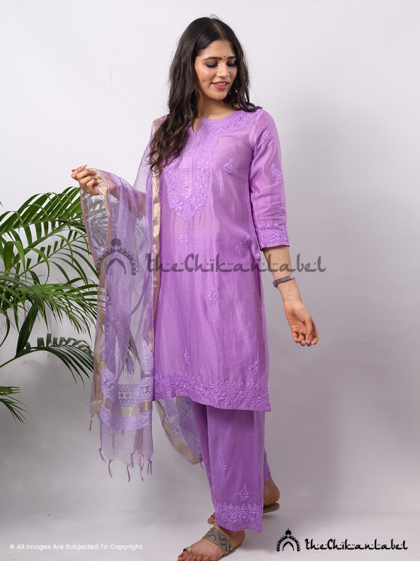 Buy chikankari kurti palazzo dupatta set online at best prices, Shop authentic Lucknow chikankari handmade kurta kurti palazzo dupatta set in chanderi fabric for women