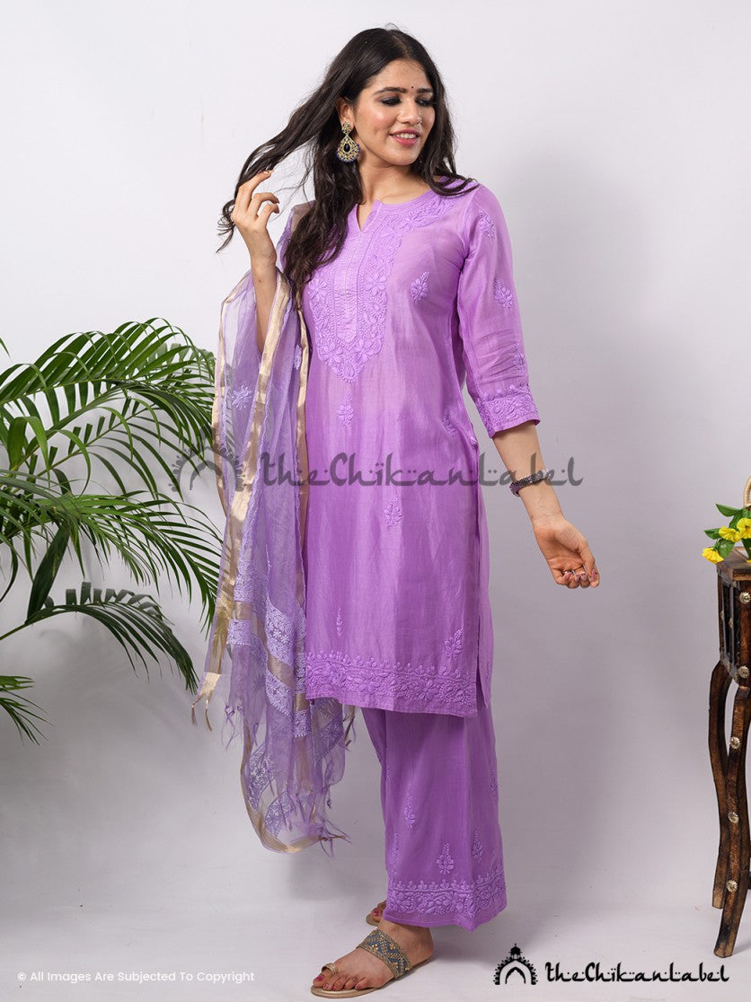 Buy chikankari kurti palazzo dupatta set online at best prices, Shop authentic Lucknow chikankari handmade kurta kurti palazzo dupatta set in chanderi fabric for women 2