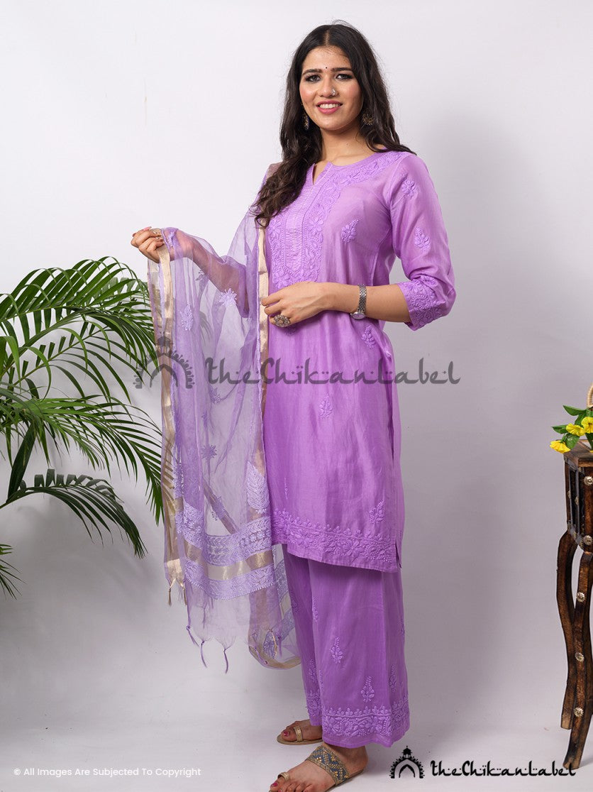 Buy chikankari kurti palazzo dupatta set online at best prices, Shop authentic Lucknow chikankari handmade kurta kurti palazzo dupatta set in chanderi fabric for women 4