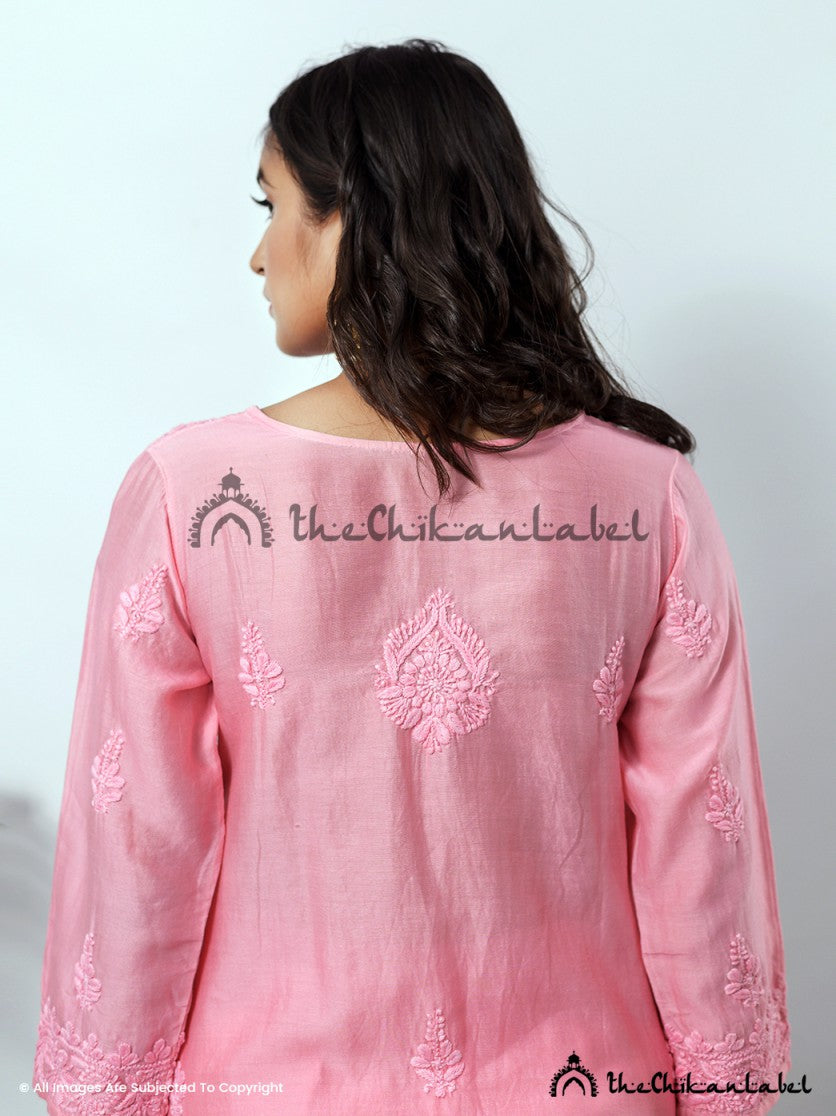 Buy chikankari kurti palazzo dupatta set online at best prices, Shop authentic Lucknow chikankari handmade kurta kurti palazzo dupatta set in chanderi fabric for women 2