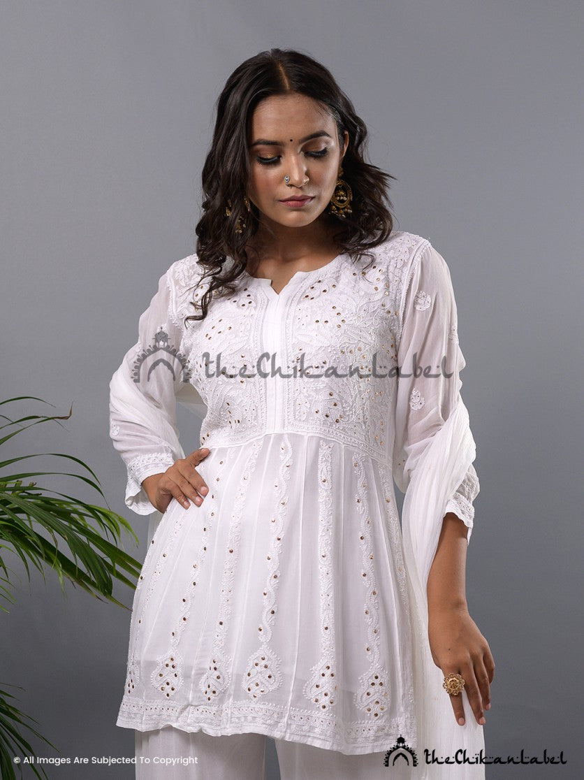 Buy chikankari kurti palazzo dupatta set online at best prices, Shop authentic Lucknow chikankari handmade kurta kurti palazzo dupatta set in viscose fabric for women 2