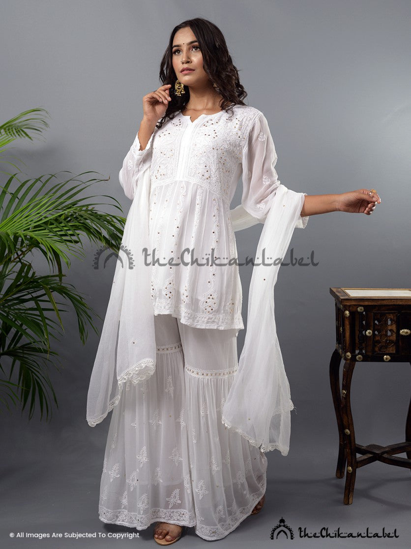 Buy chikankari kurti palazzo dupatta set online at best prices, Shop authentic Lucknow chikankari handmade kurta kurti palazzo dupatta set in viscose fabric for women 5