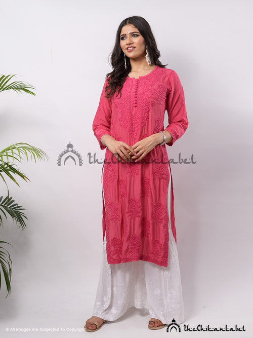Red Gulaab Muslin Straight Chikankari Kurti