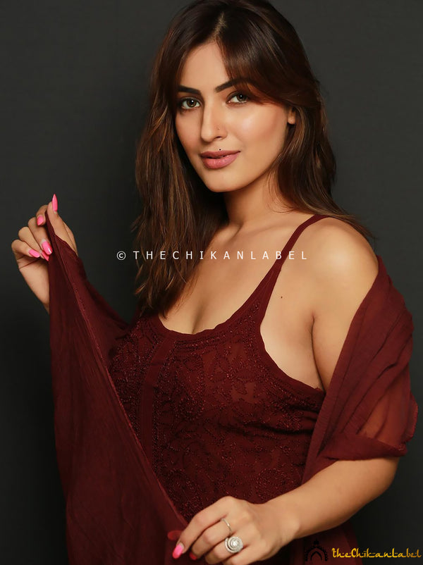 Shivangi Verma wearing chocolate brown chikankari strappy kurta set with dupatta