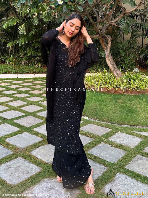 Disha Parmar Black Sitara Viscose Chikankari Kurta Set