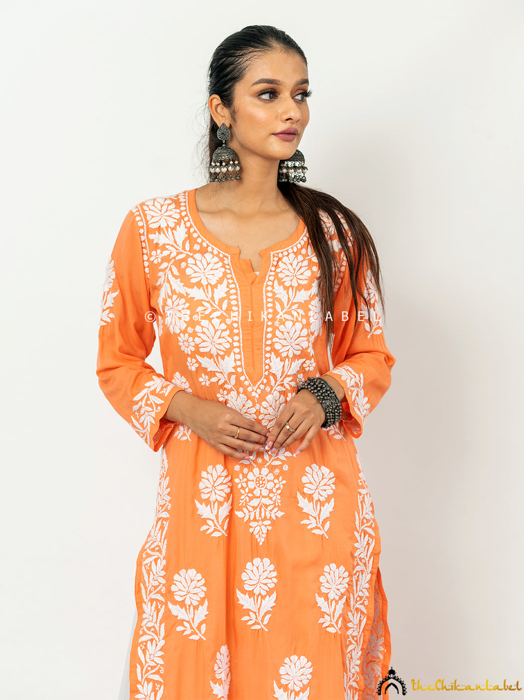Orange Duaa Modal Chikankari Straight Kurti ,Chikankari Straight Kurti in Modal fabric For Woman