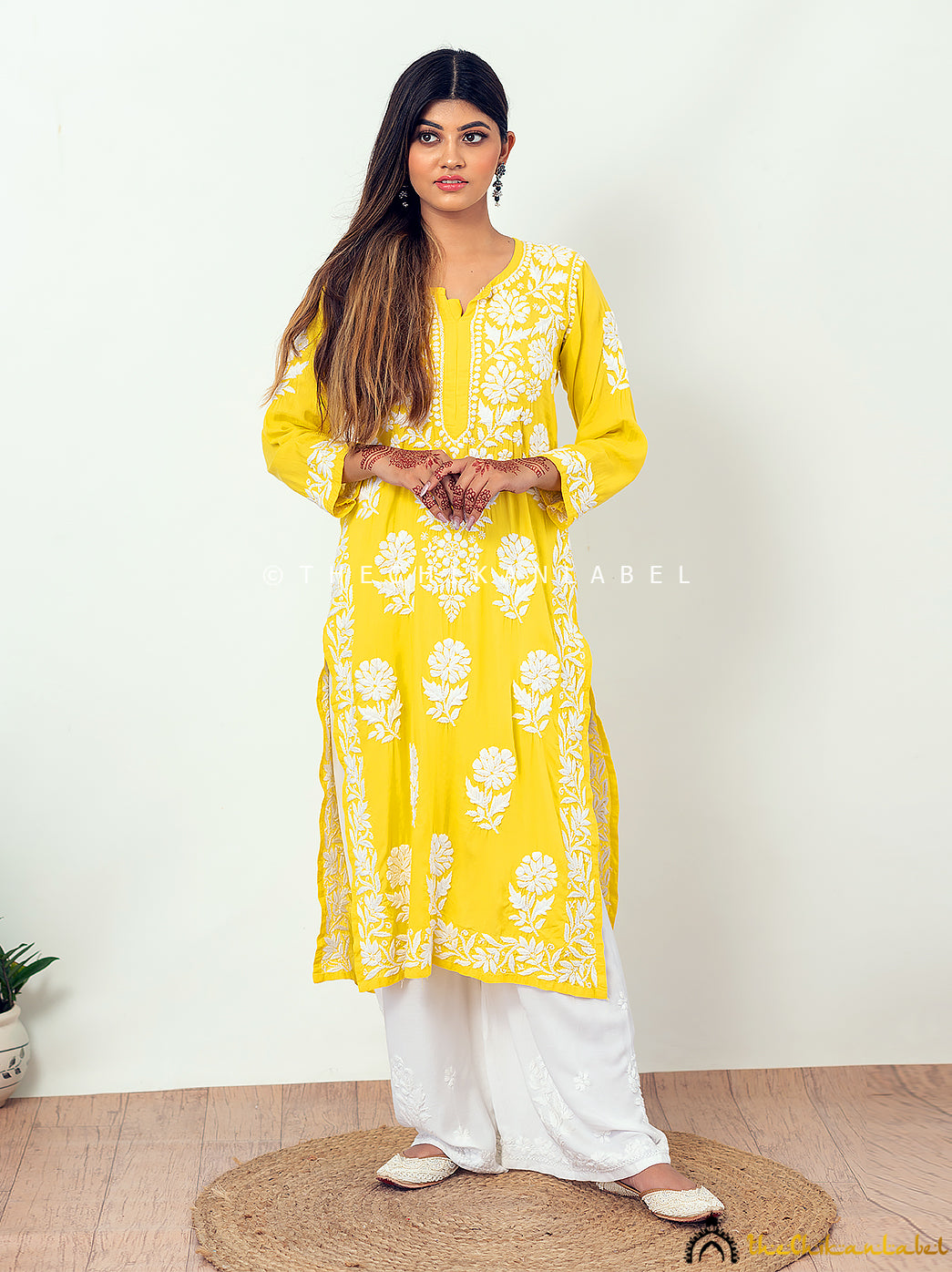 Yellow Duaa Modal Chikankari Straight Kurti ,Chikankari Straight Kurtiin Modal fabric For Woman
