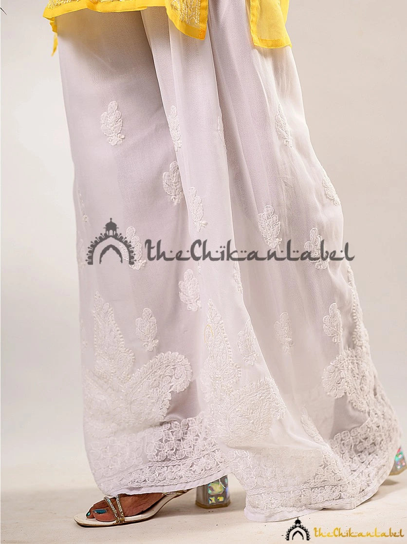 White Izma Georgette Chikankari Straight Palazzo - Thechikanlabel, Shop now from a collection of Georgette chikankari palazzo at Thechikanlabel, Buy lucknow chikankari straight Georgette palazzos online at best price.