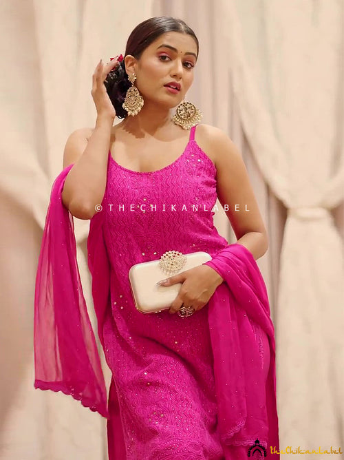 Gima Ashi Hot Pink Sukoon Viscose Chikankari Strappy Kurti Pant Set