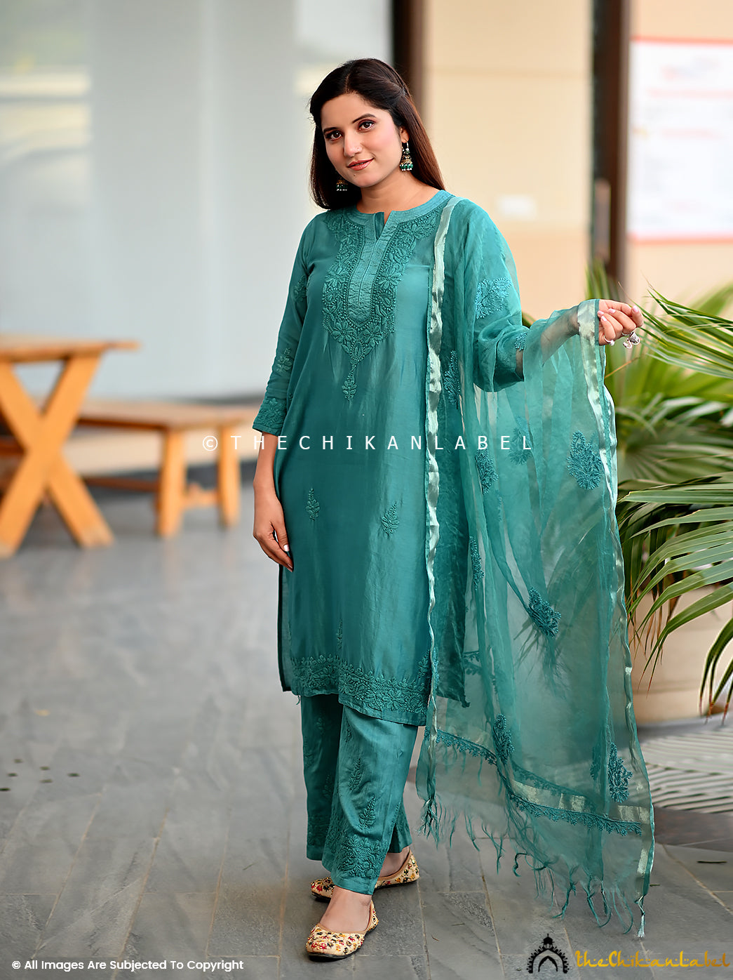 Buy chikankari kurti palazzo dupatta set online at best prices, Shop authentic Lucknow chikankari handmade kurta kurti palazzo dupatta set in chanderi fabric for women 3