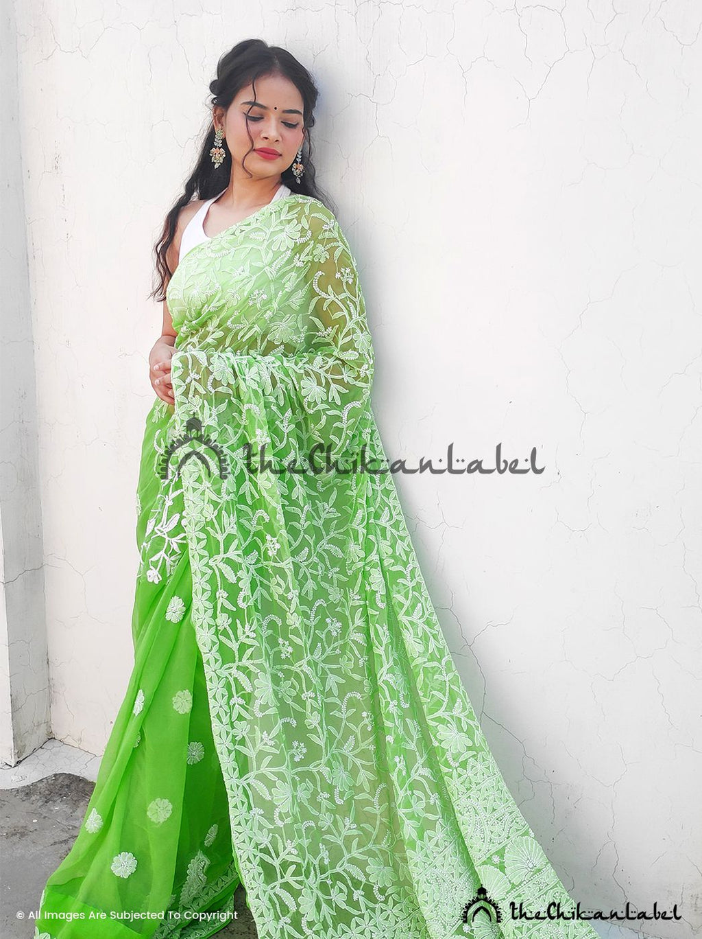 Green Sahira Georgette Chikankari Half Jaal Saree - TheChikanLabel