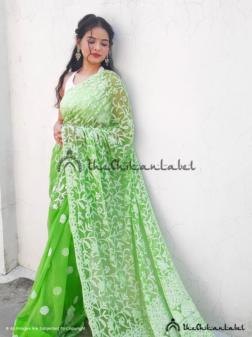 Green Sahira Georgette Chikankari Half Jaal Saree
