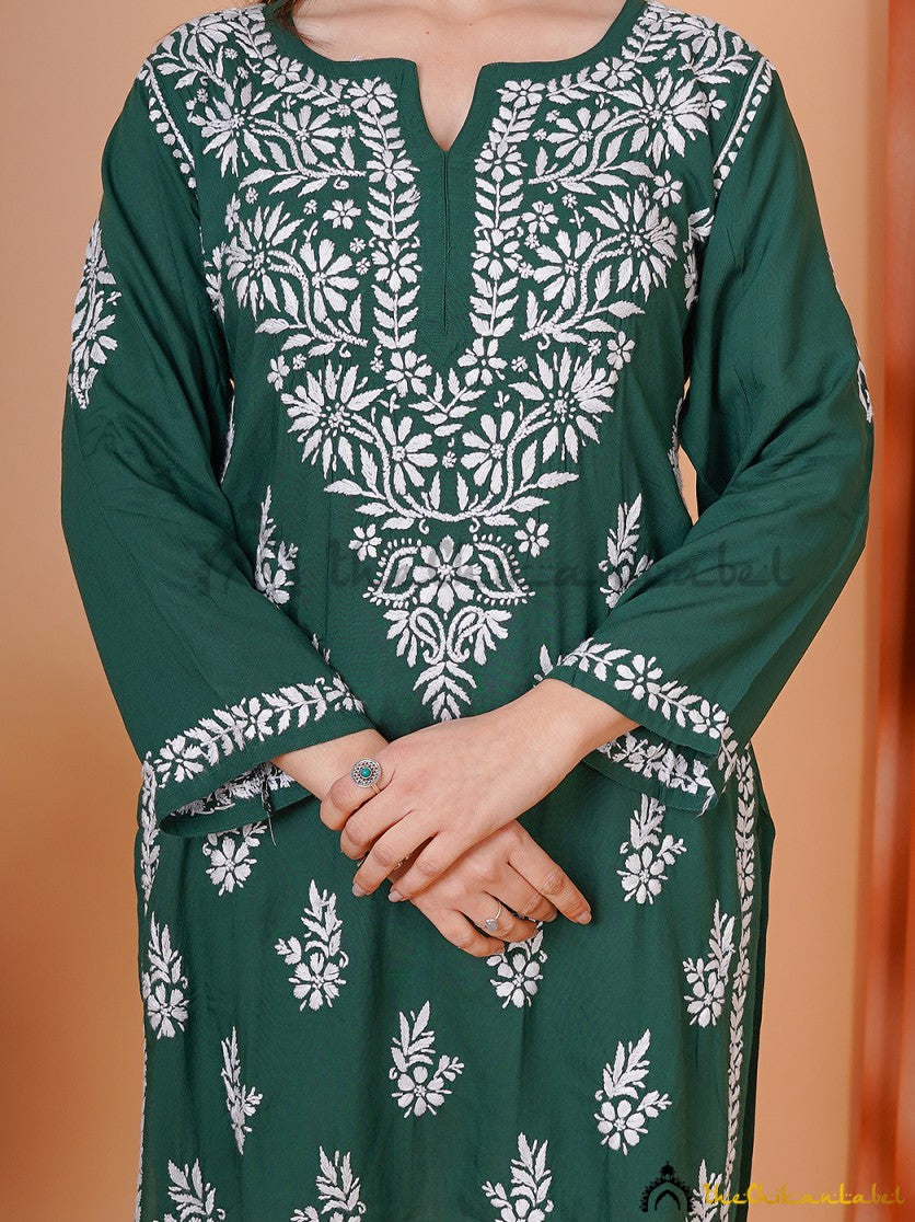 Green Aiza Modal Chikankari Short Tunic Top ,Chikankari Short Tunic Top in Modal Fabric For woman