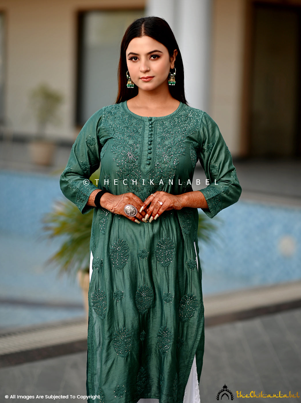 Green Aniya Chanderi Chikankari Straight Kurti ,Chikankari Straight Kurti in Chanderi Fabric for Woman