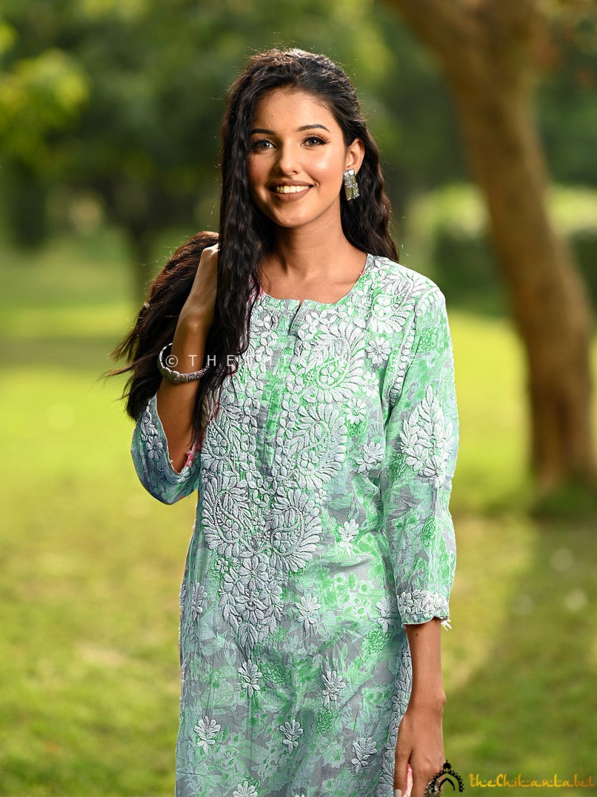 Green Bagicha Mulmul Chikankari Straight Kurti ,Chikankari Straight Kurti in Mulmul Fabric For woman