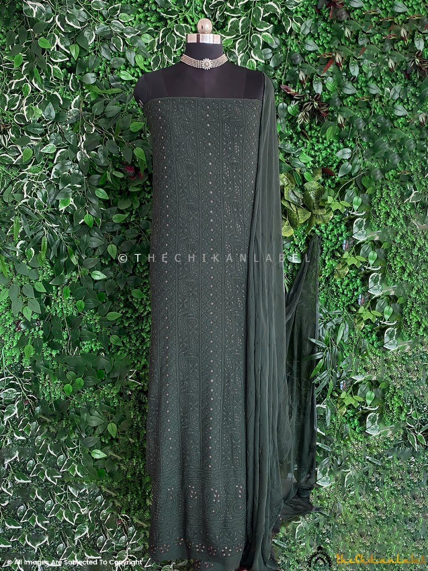 Dark Grey Un-Stitched Mukaish Suit with Dupatta