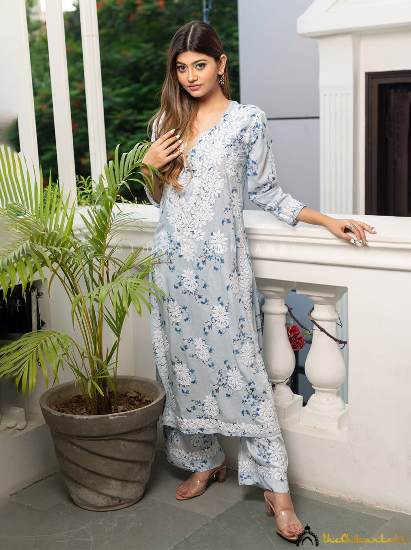 Buy chikankari kurti palazzo set online at best prices, Shop authentic Lucknow chikankari handmade kurta kurti palazzo set in modal fabric for women