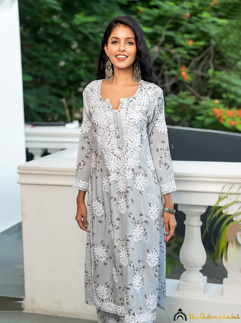 White Chikankari Kurti Fabric With Applique And Mukaish Work – Dress365days