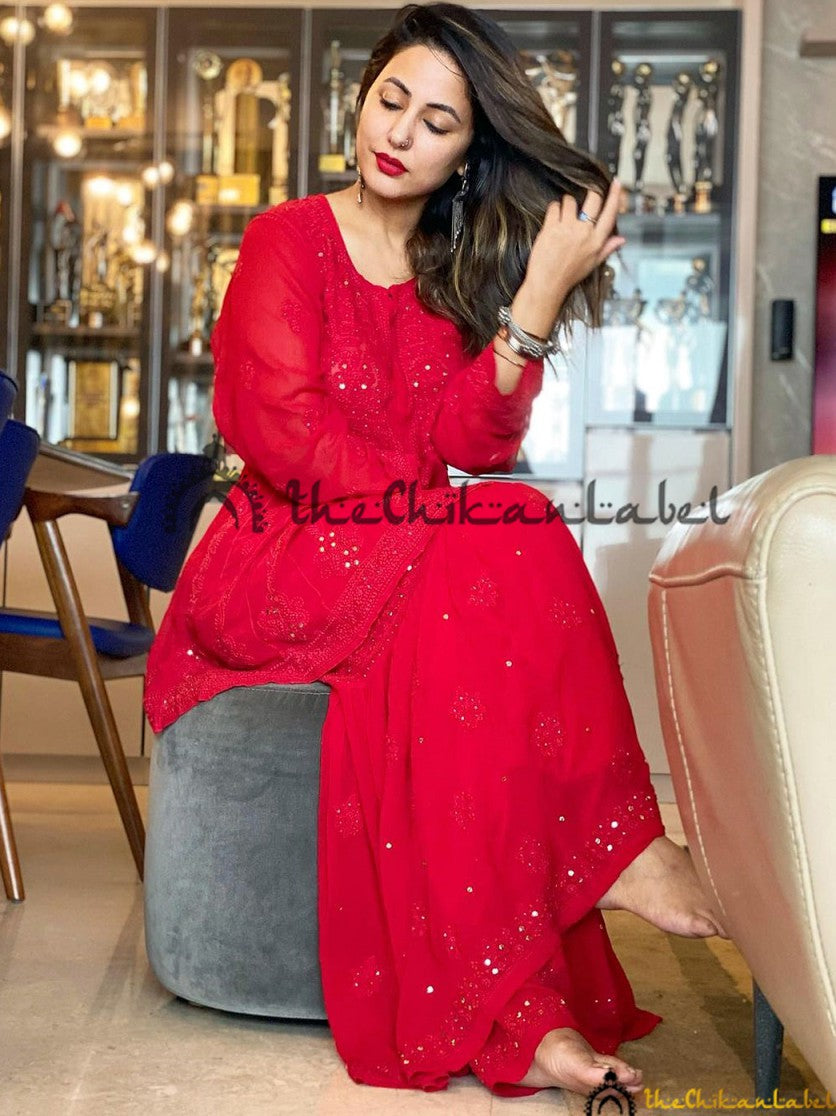 Hina Khan in Viscose Chikankari Kurta Garara Set with Dupatta ,Chikankari Kurta Garara Set with Dupatta in Viscose Fabric For Woman