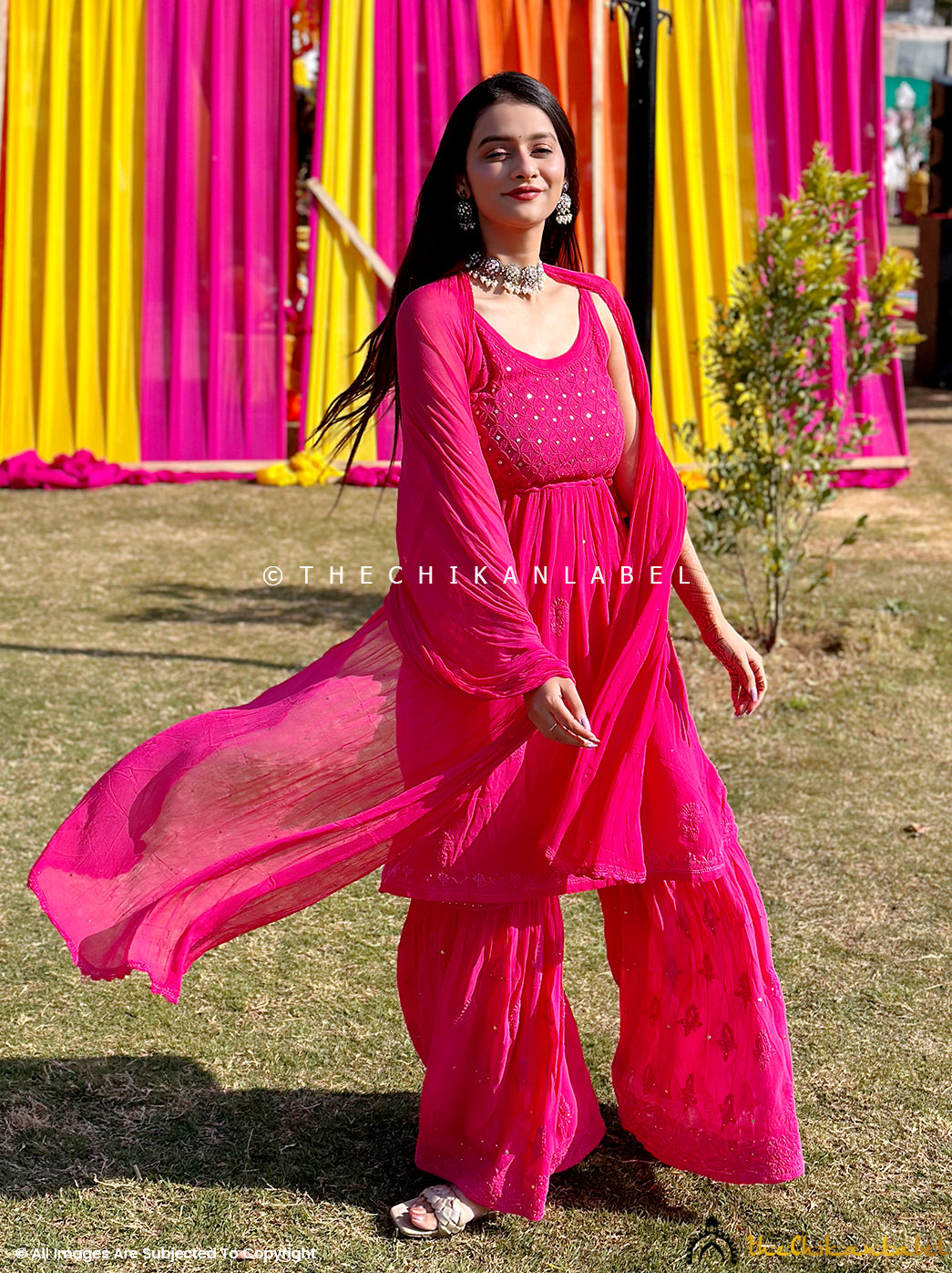 Hot Pink Zoya Mukaish Chikankari Strappy Set
