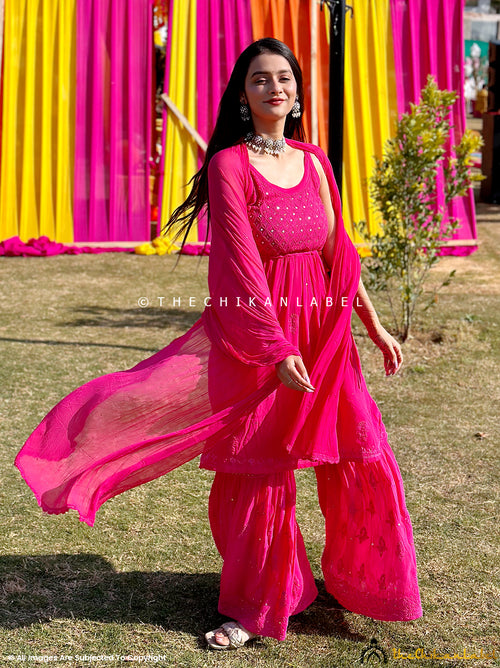 Hot Pink Zoya Viscose Chikankari Strappy Set