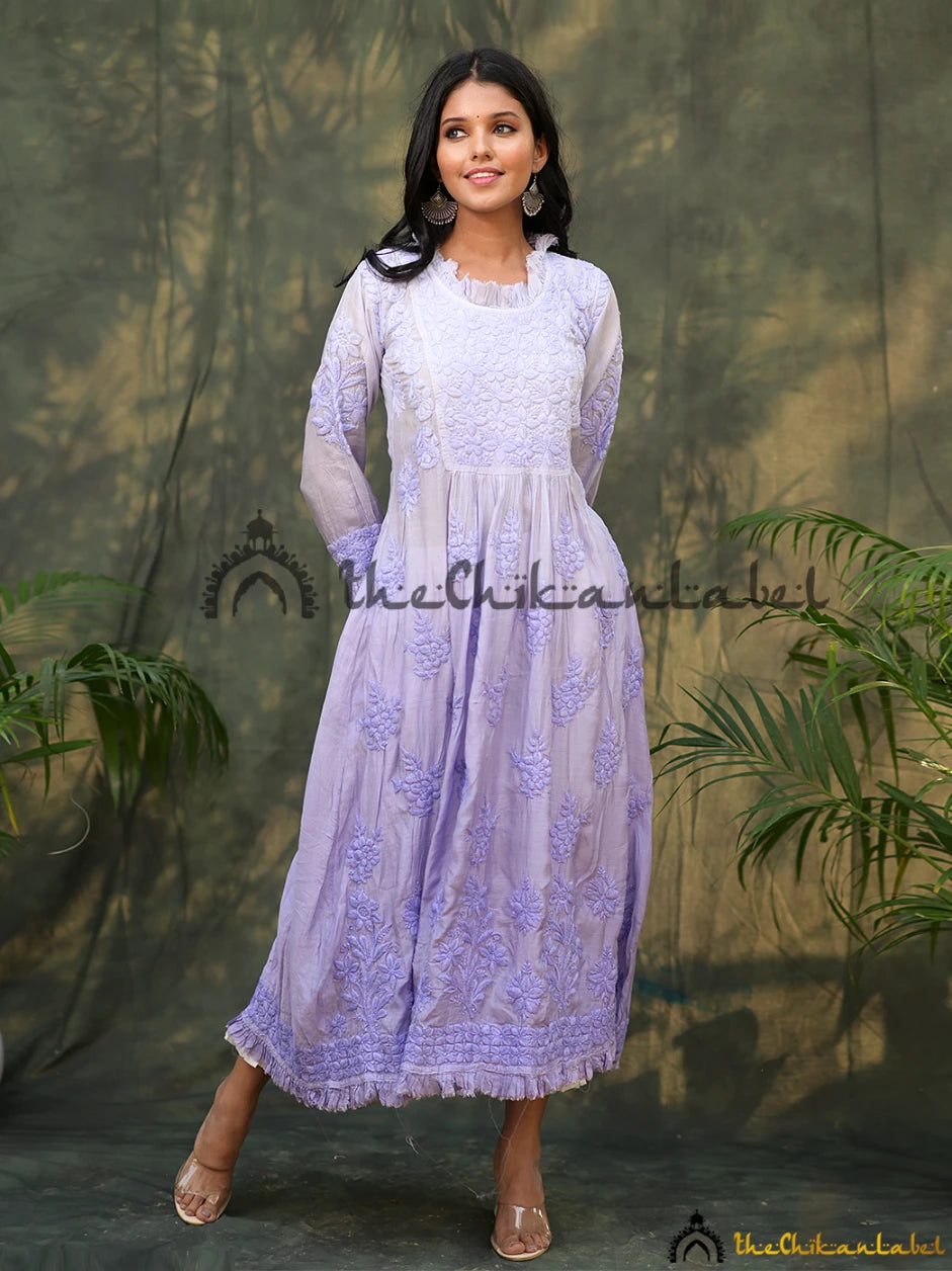 Women's Lucknowi Handcrafted Printed Cotton Chikankari Gown - HONC0150