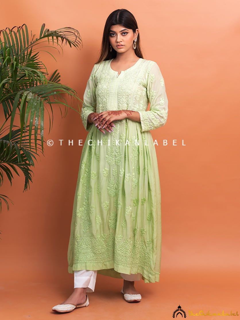 Lemon Green Bahaar Muslin A-Line Chikankari Kurti , Chikankari Kurti in Muslin Fabric For Woman