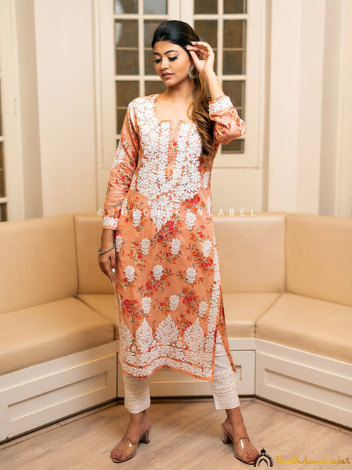 Peach Aya Mulmul Cotton Straight Chikankari Kurti