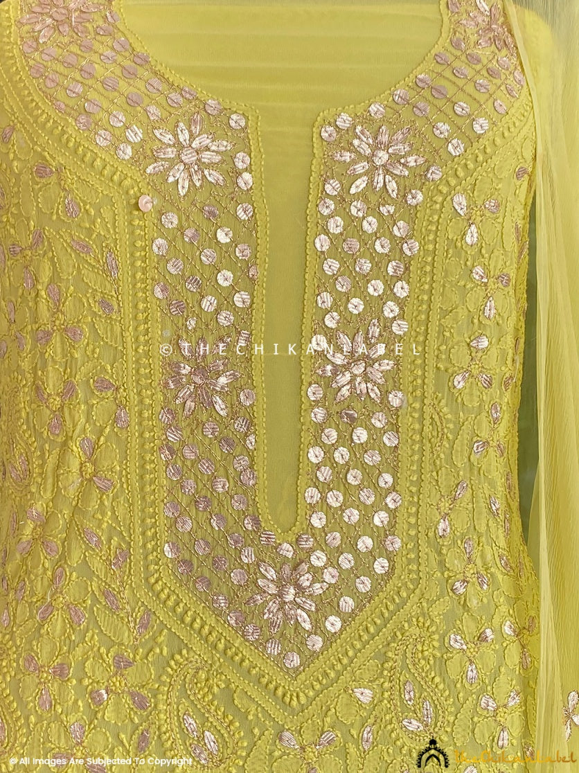 Lime Yellow Un-Stitched Chikankari Gota Patti Suit with Dupatta3