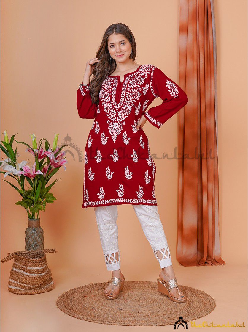Rayon Cotton chikankari kurti (#2195) - Vogue N Trends - Buy the lucknowi  chikankari online at lowest prices!!!