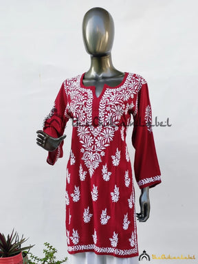 Maroon Aiza Modal Chikankari Short Tunic Top