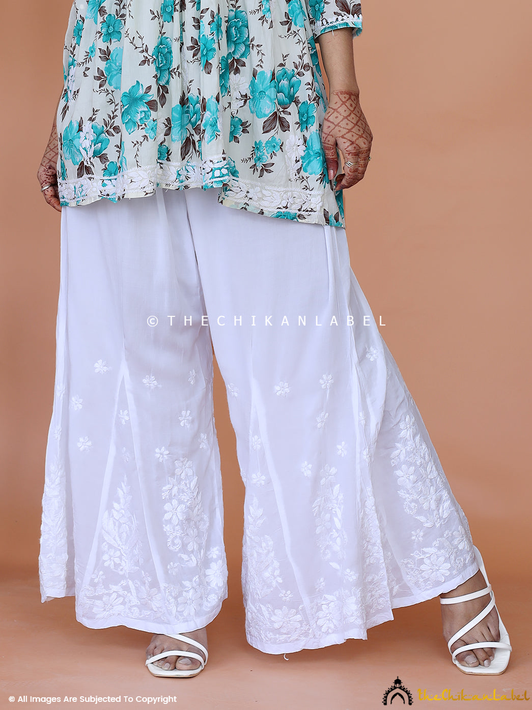 LOOKLINE Women's Lucknow Embroidered Bottom Pants chikenkari Palazzo Pant  Ankle Length Plazo for Kurta Kurti Waist Size_28-40
