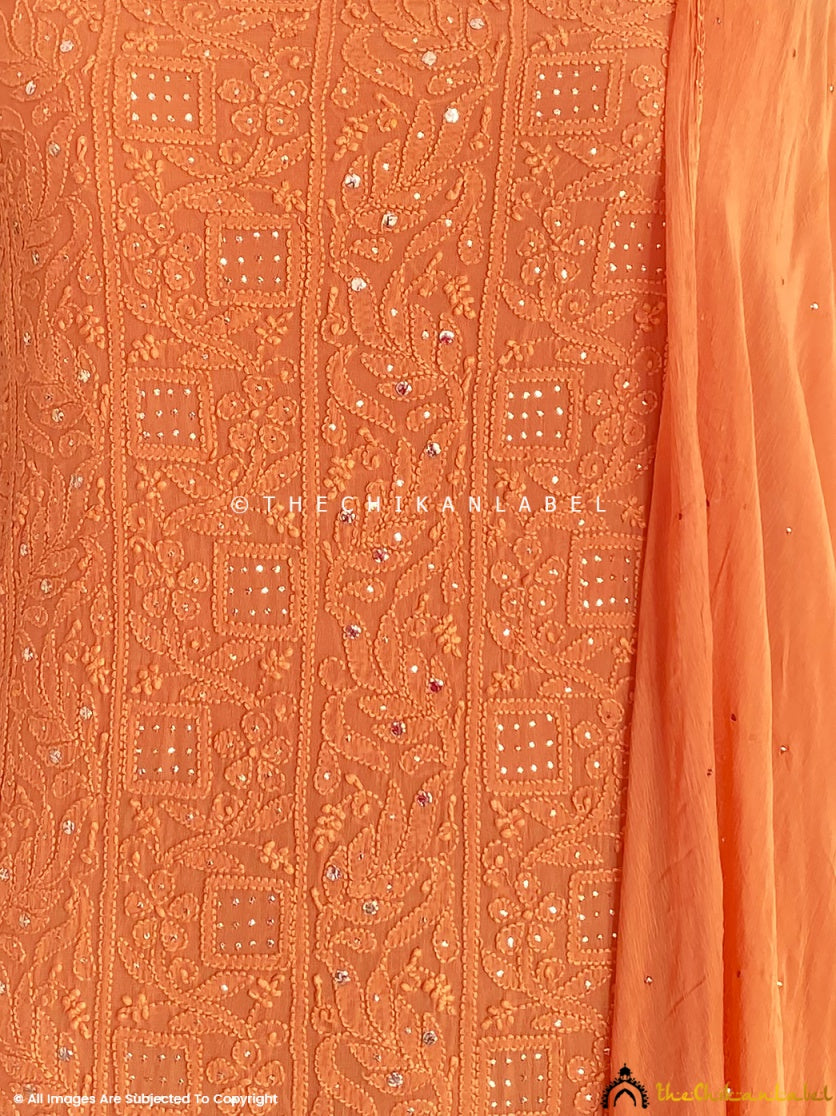 Orange Un-Stitched Mukaish Suit with Dupatta3