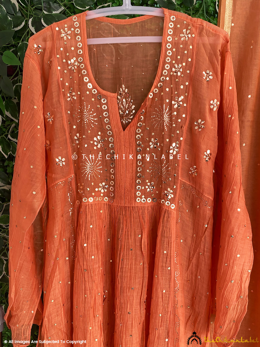 Orange Mayra Mulmul Chanderi Semi-stitched Chikankari Anarkali