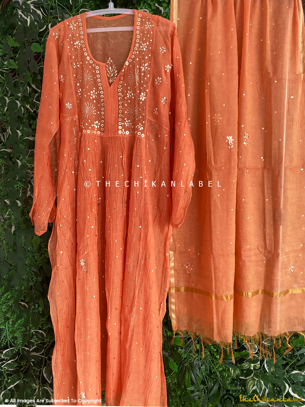 Orange Mayra Mulmul Chanderi Semi-stitched Chikankari Anarkali