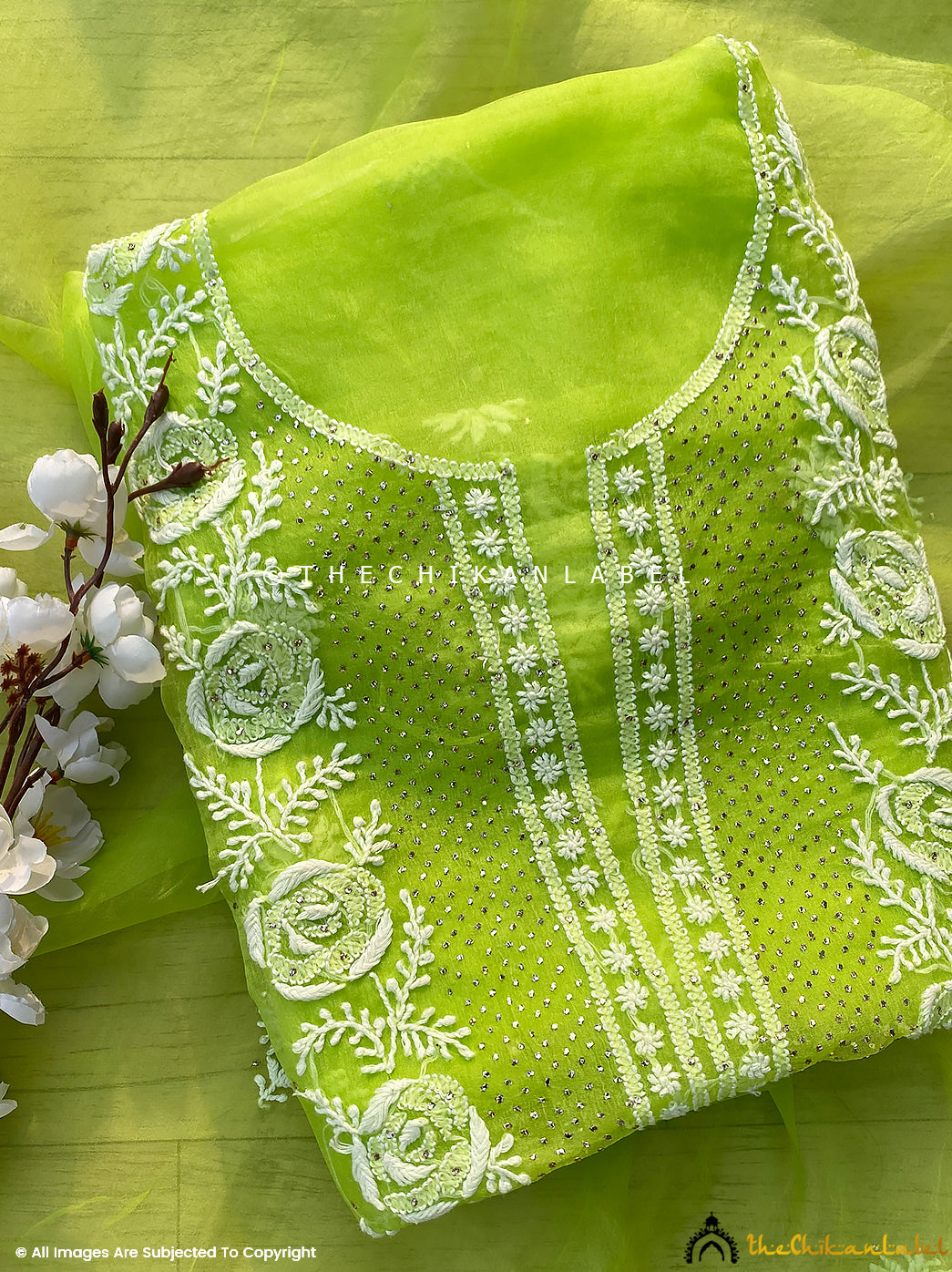Parrot Green Tahilya Un-Stitched Pure Organza Chikankari Suit