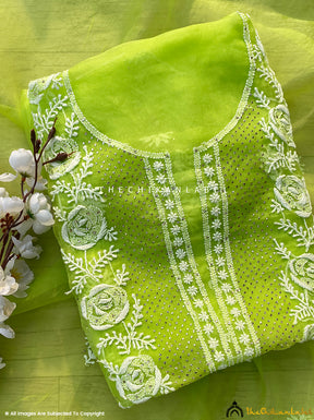 Parrot Green Tahilya Un-Stitched Pure Organza Chikankari Suit