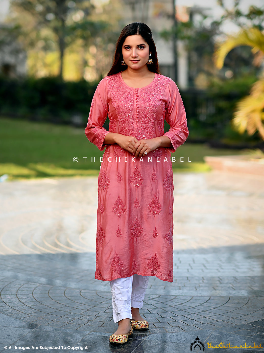 Peach Aniya Chanderi Chikankari Straight Kurti , Chikankari Straight Kurti in Chanderi Fabric For Woman