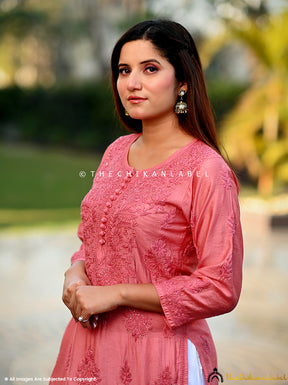 Peach Aniya Chanderi Chikankari Straight Kurti