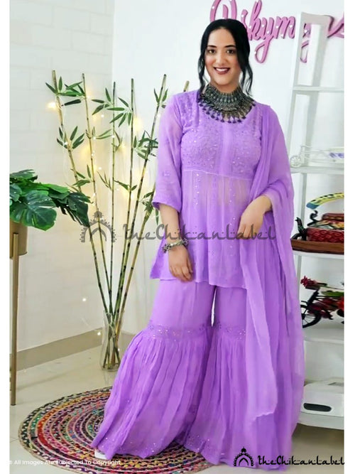 Perky Megs Lilac Hina Viscose Chikankari Kurti Garara Set