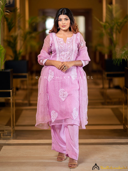 Pink Tahilya Pure Organza Chikankari Kurti Pant Set