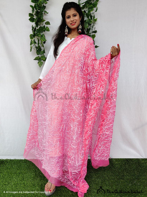 Pink Tepchi Georgette Chikankari Dupatta Lucknawi Chikan