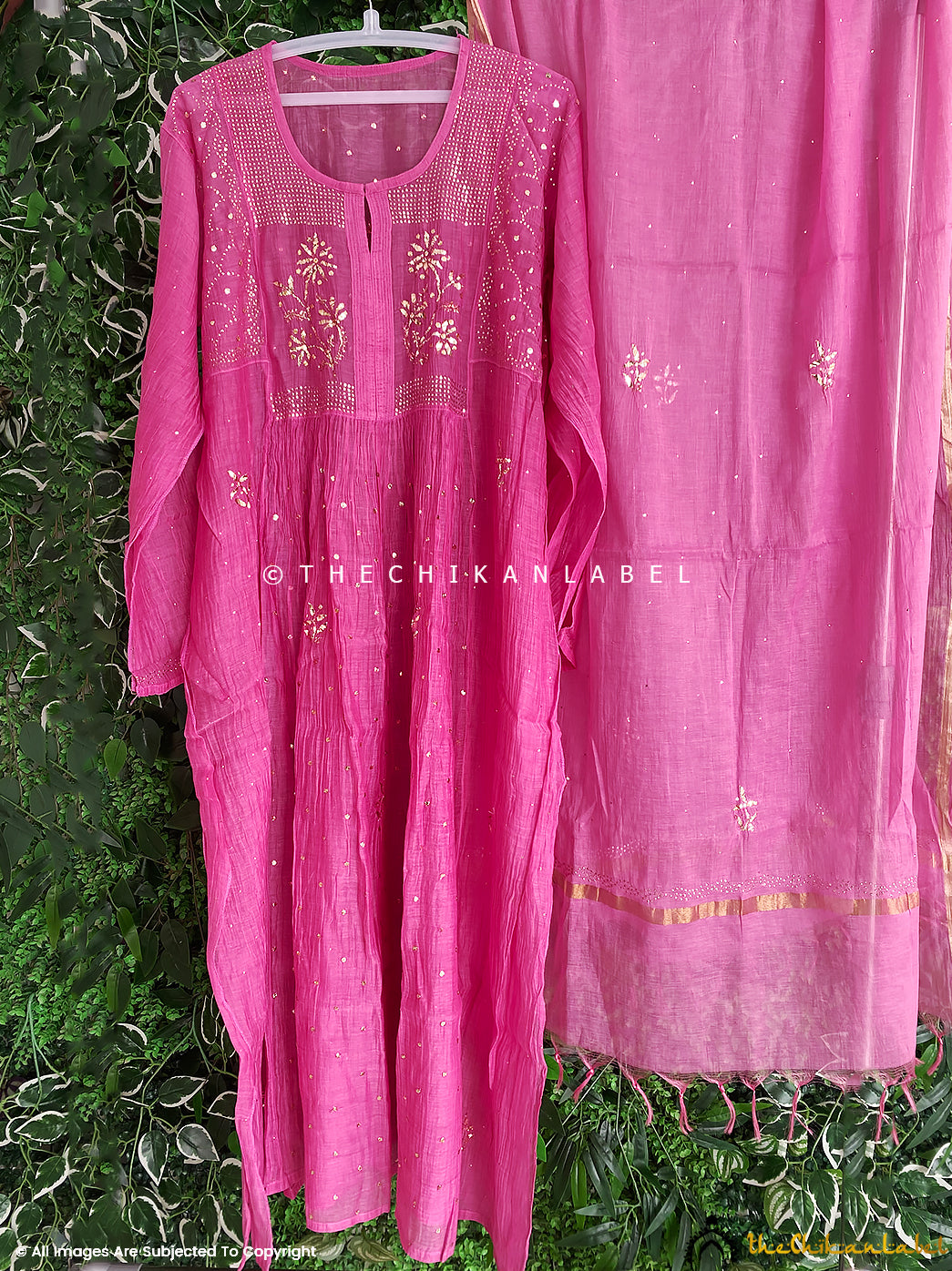 Pink Mayra Mulmul Chanderi Semi-stitched Chikankari Anarkali