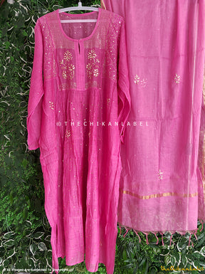 Pink Mayra Mulmul Chanderi Semi-stitched Chikankari Anarkali