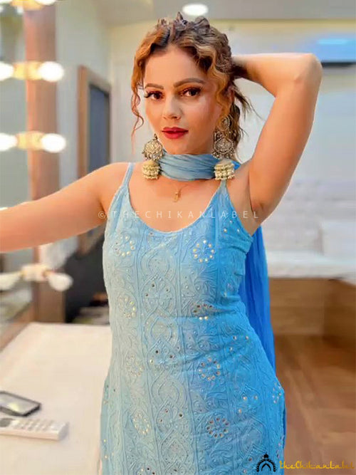 Rubina Dilaik Powder Blue Sukoon Viscose Chikankari Strappy Kurti Pant Set