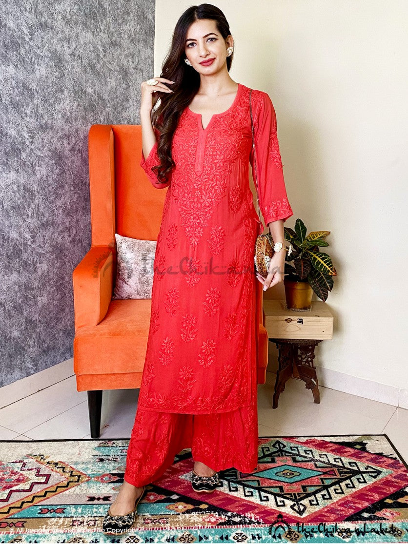 Buy Red Pure Cotton Party Wear Chikan Work Kurti With Palazzo Online From  Wholesale Salwar.
